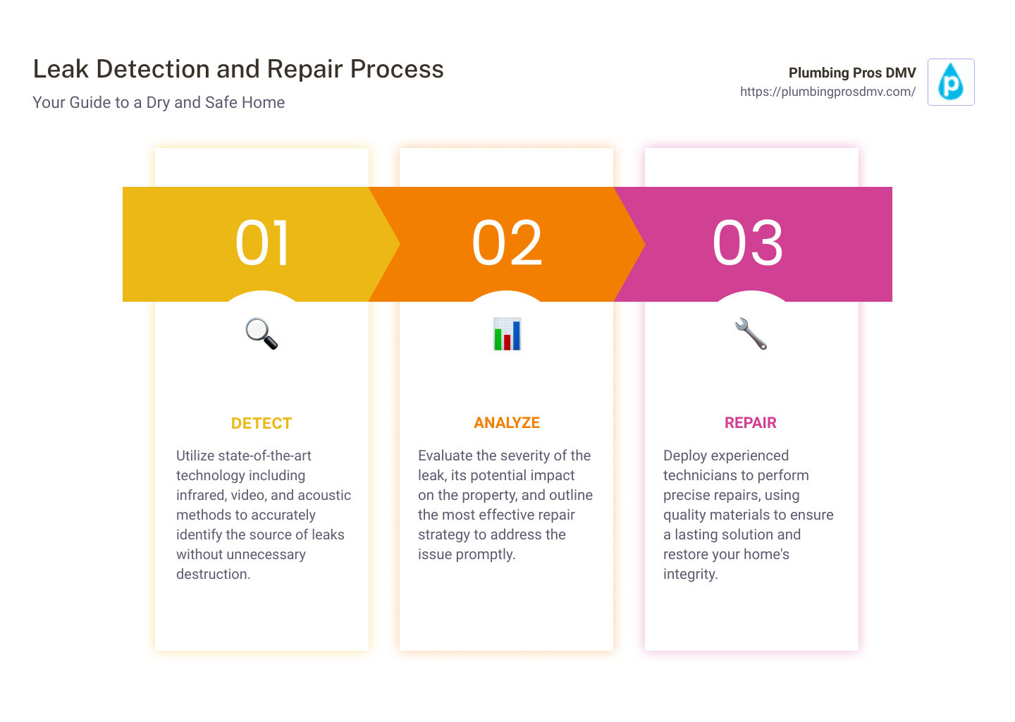 Infographic on the steps Plumbing Pros DMV takes from detecting to repairing leaks, highlighting the use of non-invasive technology, customer service excellence, and comprehensive leak repair solutions. - leak service infographic pillar-3-steps