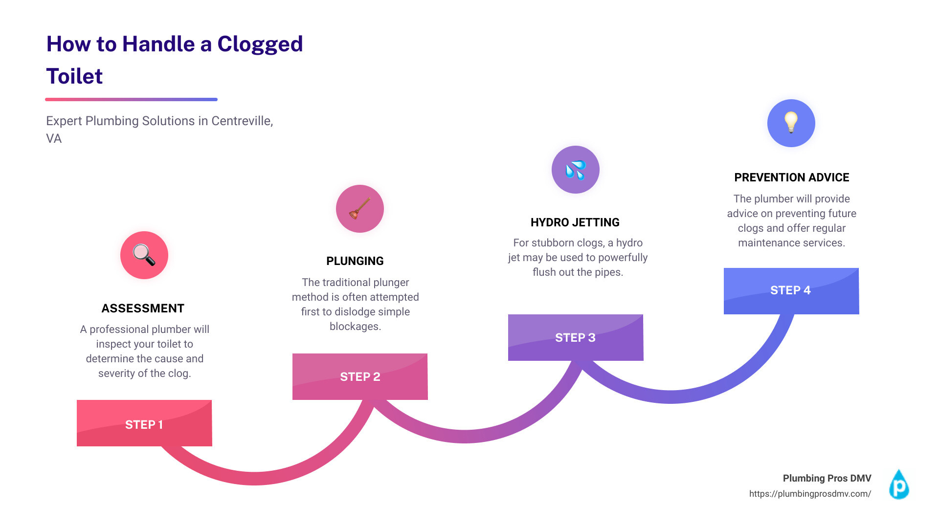 An infographic detailing the process of professional toilet unclogging - plumber Centreville, VA clogged toilet infographic step-infographic-4-steps