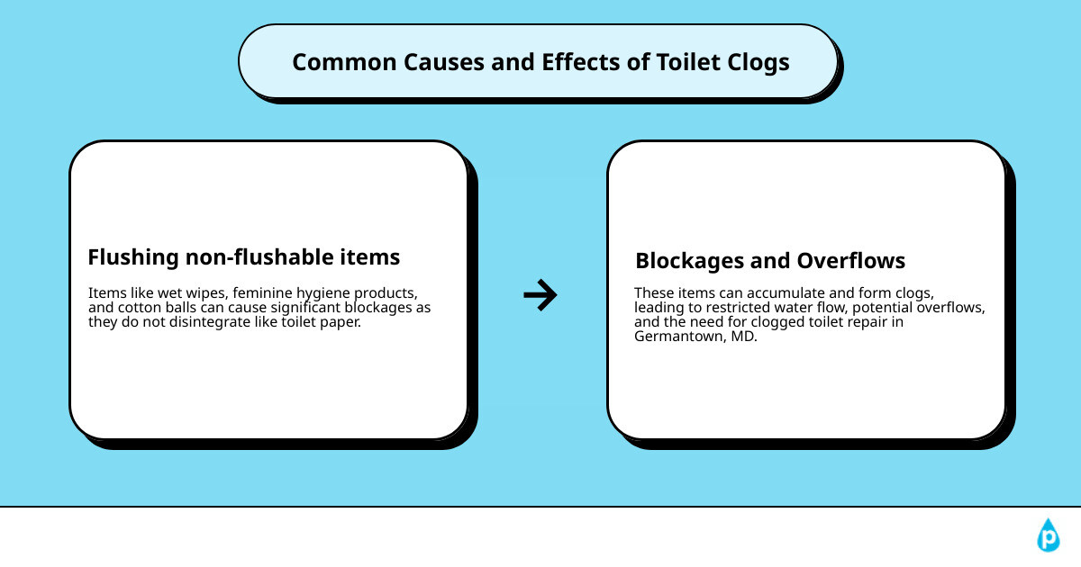 Causes of Clogged Toilets - clogged toilet repair Germantown, MD infographic cause_effect_text