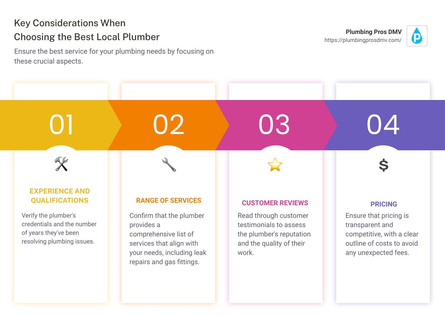 overview of best plumber considerations - the best plumber near me infographic pillar-4-steps
