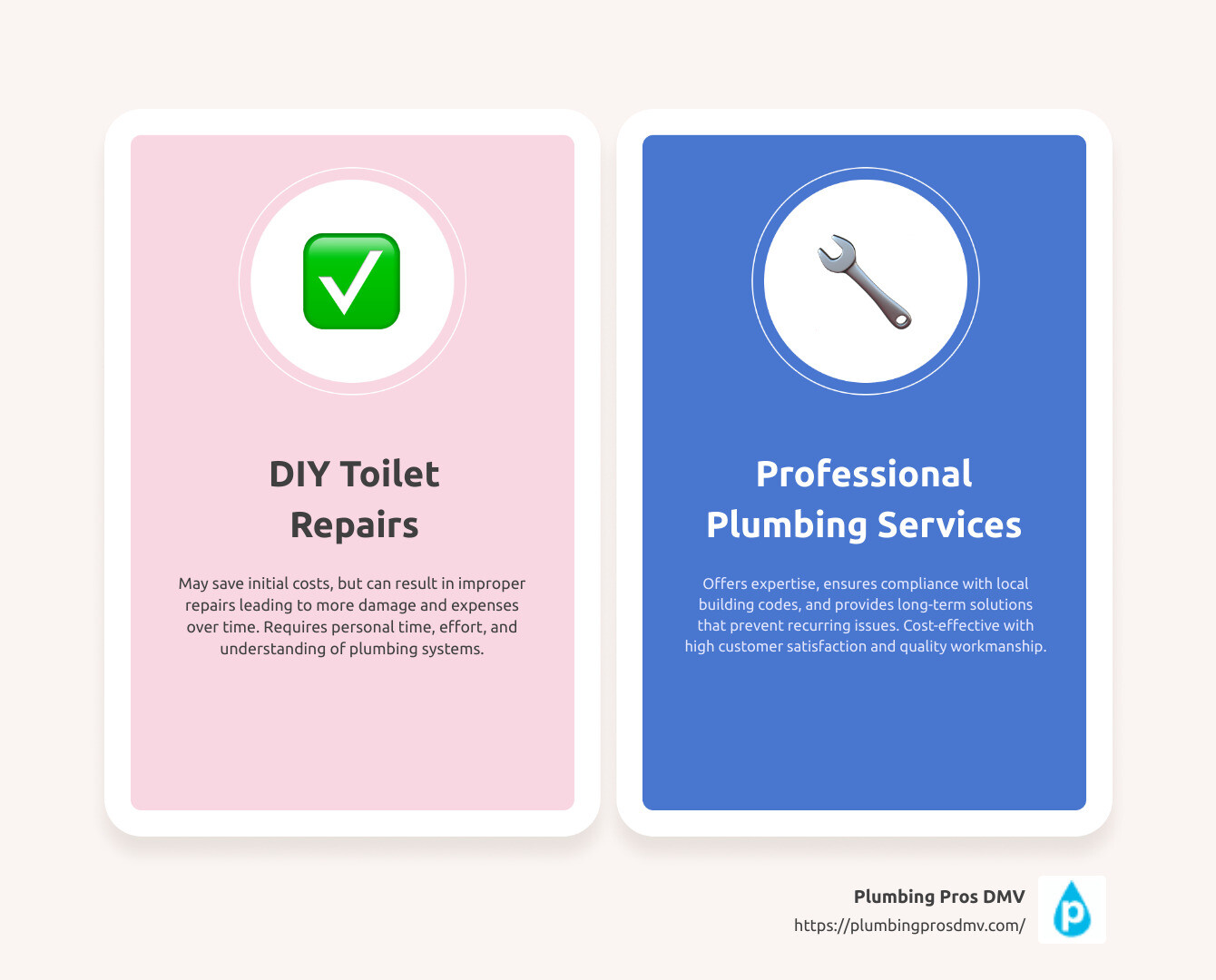 Comparing DIY and professional toilet repair costs - plumber to fix toilet Germantown, MD infographic comparison-2-items-casual Comparing DIY and professional toilet repair costs - plumber to fix toilet Germantown, MD infographic comparison-2-items-casual