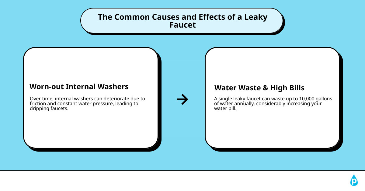 Causes of a Leaky Faucet infographic - bathroom sink faucet leaking from spout infographic cause_effect_text