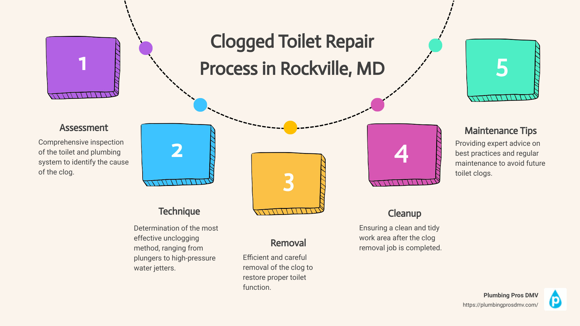 Infographic detailing the plumbing system - clogged toilet repair Rockville, MD infographic process-5-steps-informal