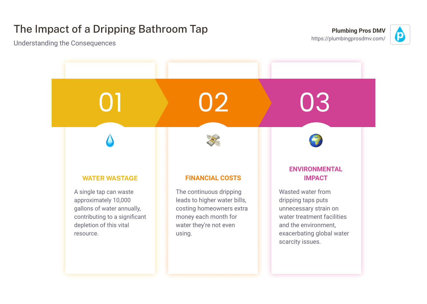 Infographic showing the impact of a dripping tap on water wastage, financial costs, and environmental impact - bathroom tap dripping water infographic pillar-3-steps