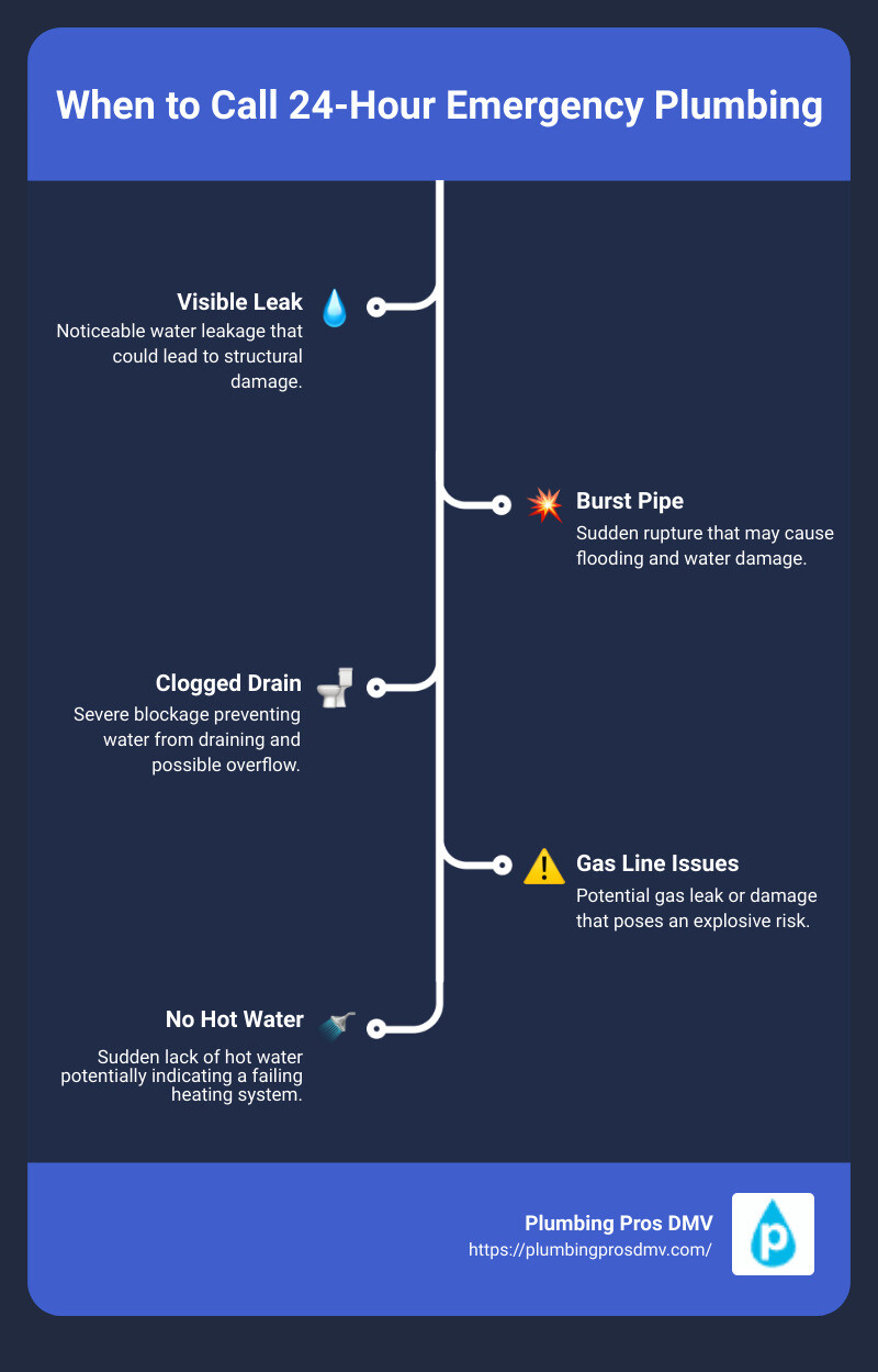 Detailed infographic on when to call a 24-hour emergency plumbing service in Gaithersburg, MD - 24 hour emergency plumbing service Gaithersburg, MD infographic infographic-line-5-steps