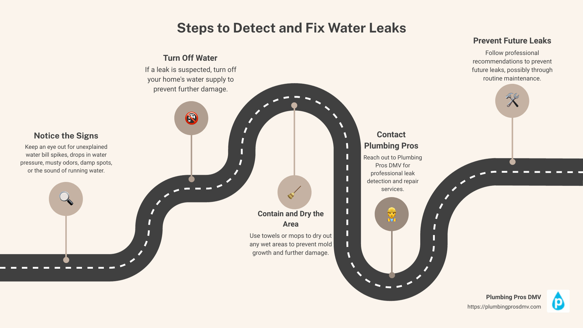 Infographic detailing the process of water leak detection, including the use of acoustic detectors, infrared cameras, and the steps from detecting a leak to repairing it and preventing future leaks. - water leak detection Gainesville, VA infographic roadmap-5-steps