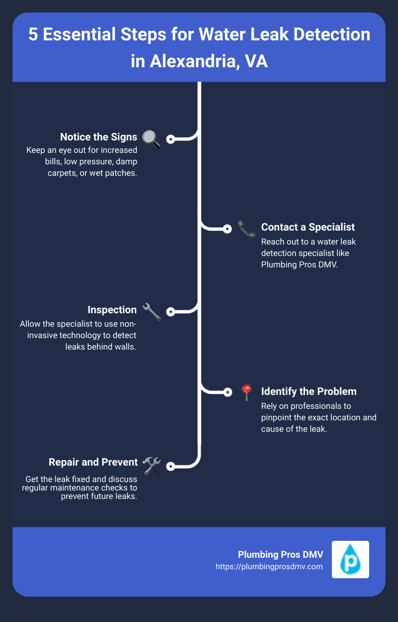 Infographic on water leak detection steps and importance in Alexandria, VA - water leak detection specialist Alexandria, VA infographic infographic-line-5-steps