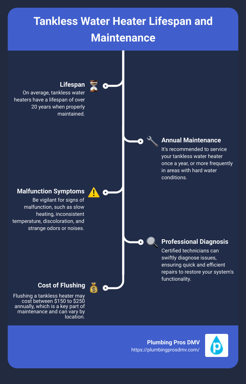 Infographic showing the life span and maintenance frequency of tankless water heaters, common symptoms of malfunction, and an average cost range for flushing a tankless water heater - tankless water heater repair service Arlington, VA infographic infographic-line-5-steps Infographic showing the life span and maintenance frequency of tankless water heaters, common symptoms of malfunction, and an average cost range for flushing a tankless water heater - tankless water heater repair service Arlington, VA infographic infographic-line-5-steps