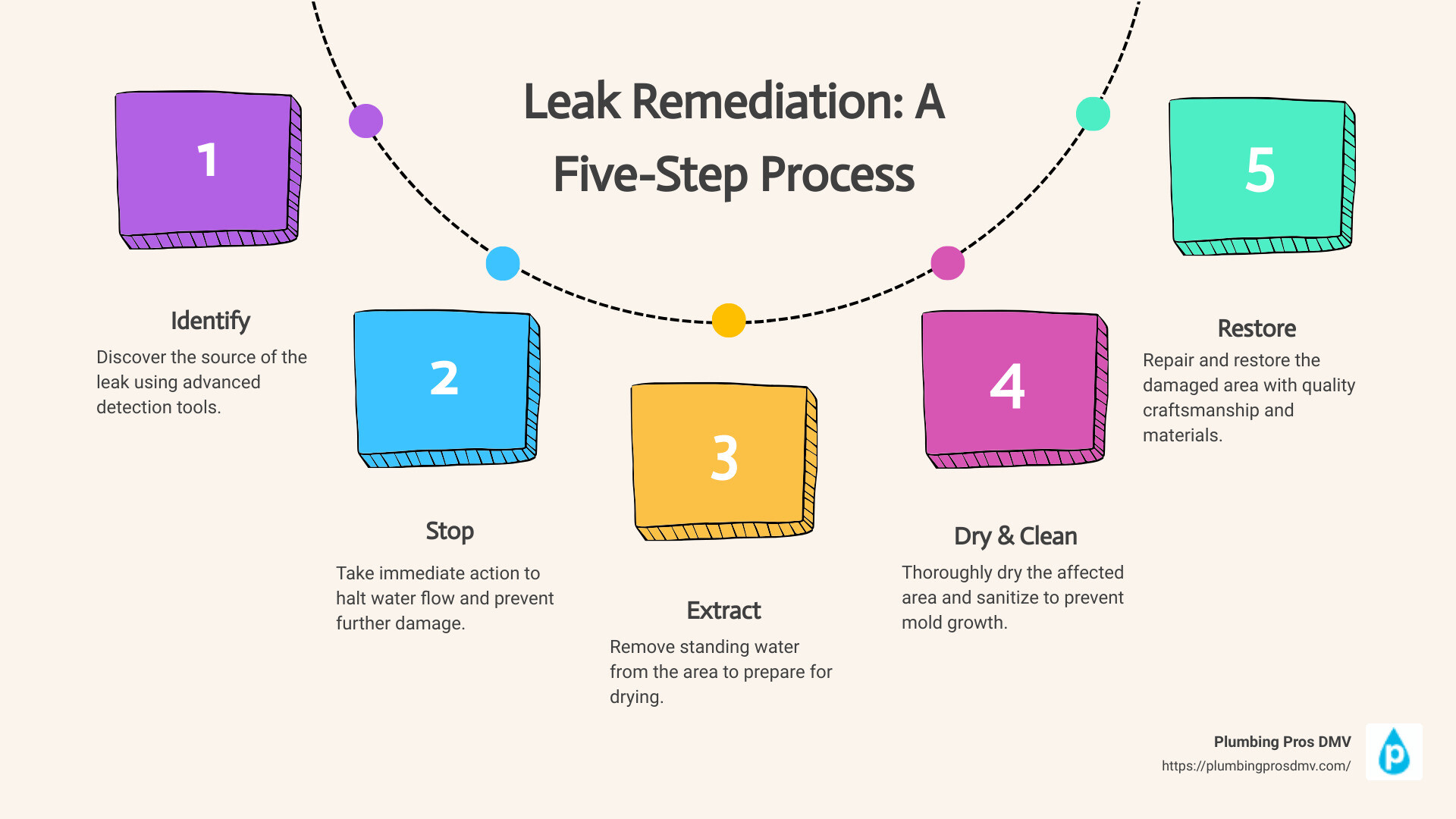 A five-step process of leak remediation - leak remediation infographic process-5-steps-informal