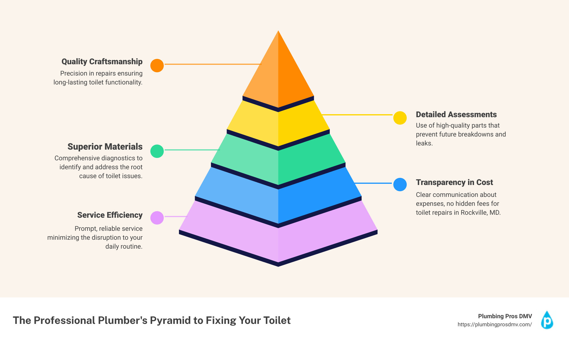 An infographic illustrating the process of professional toilet repair and benefits of hiring a professional plumber - plumber to fix toilet Rockville, MD infographic pyramid-hierarchy-5-steps